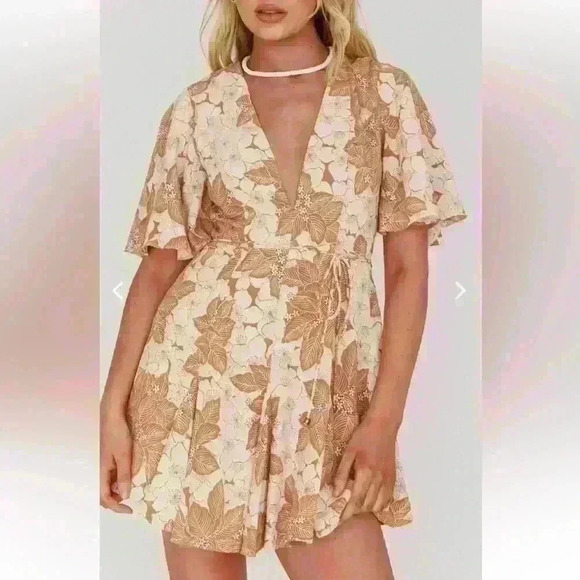 ONE AND ONLY COLLECTION - ESTELLE ANGEL SLEEVE DRESS FLORAL BROWN - Picture 2 of 12